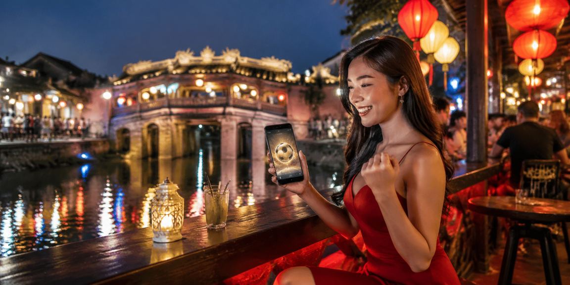 Không khí chợ đêm Hội An với người xem bóng đá và chơi game jackpot trên điện thoại